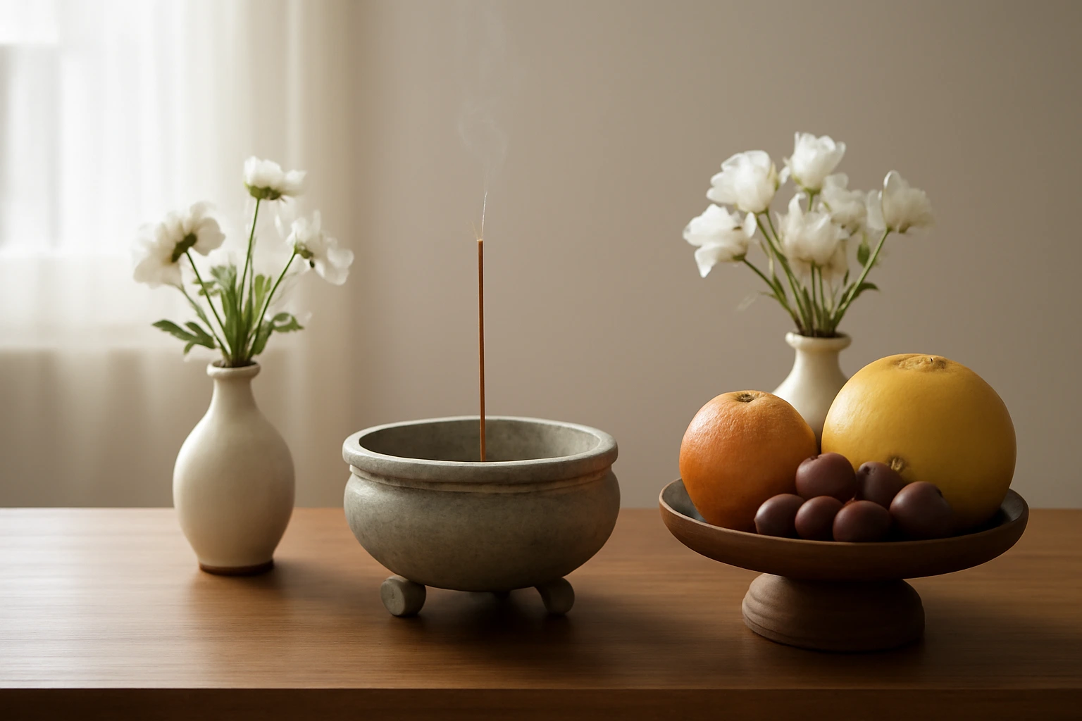 Lọ hoa, mâm bồng, ống hương: bày quanh bát hương sao cho cân và dễ dùng